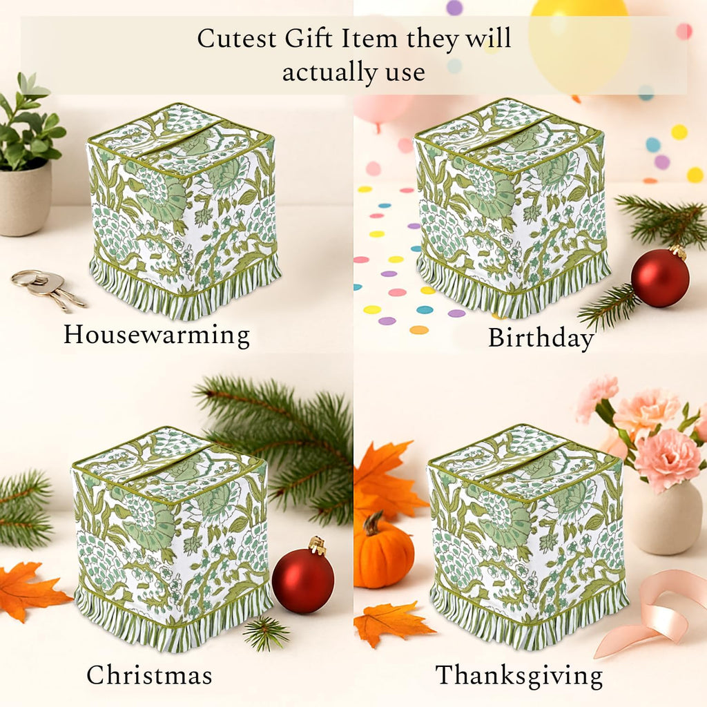 CPC 100% Cotton Ruffle Block Print Tissue Box Cover, Agate Green