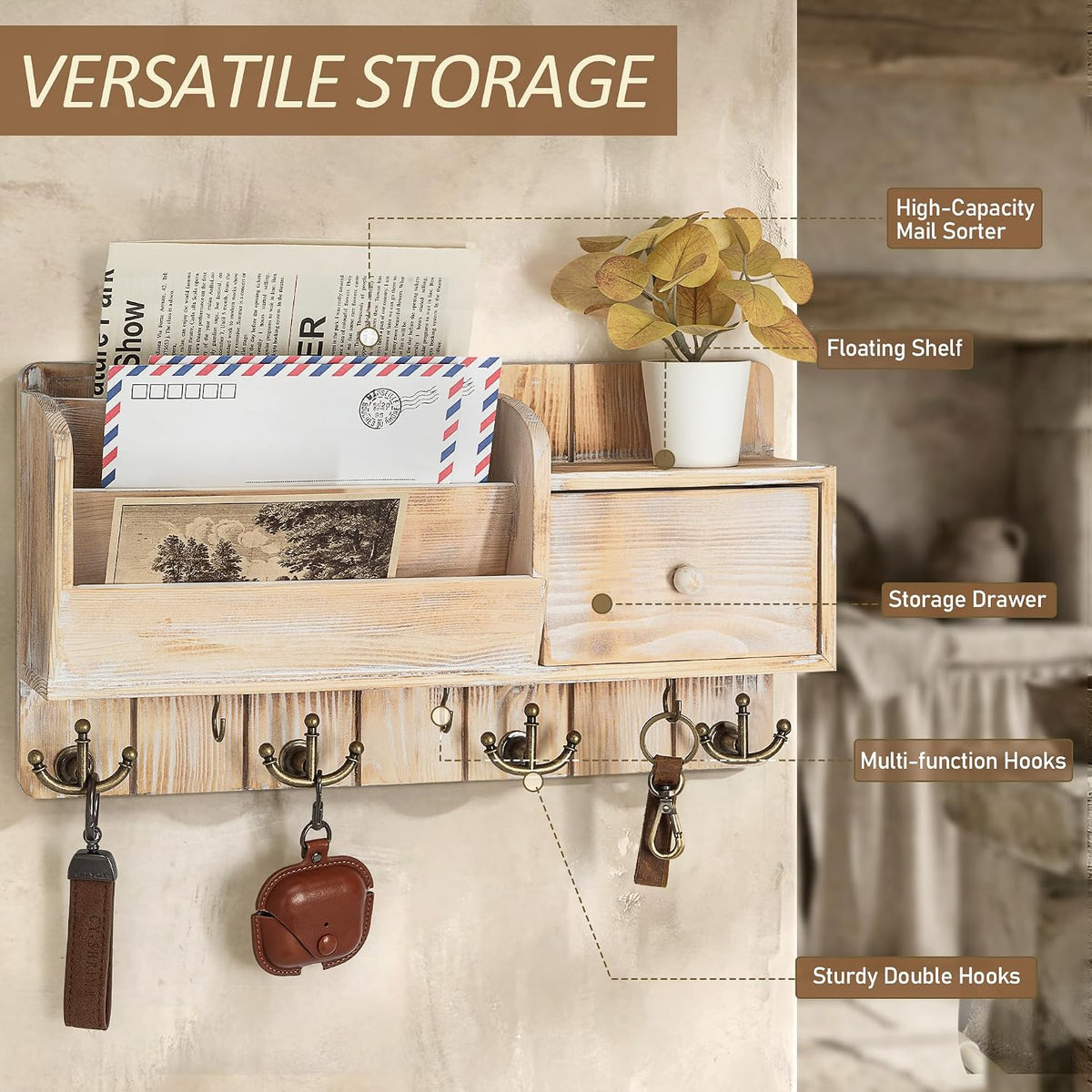 Rebee Vision Key Holder Wall Mount with Drawer for Entryway, Natural Wood