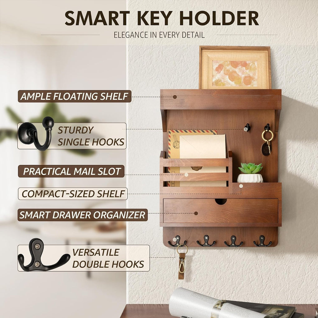 Rebee Vision Key Holder Wall Mount with Drawer Organizer for Entryway,Brown