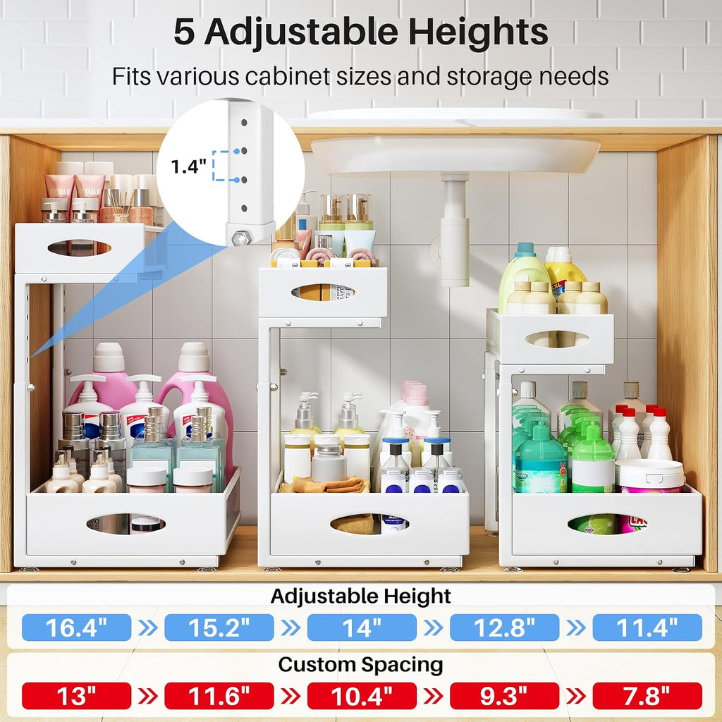 Under Sink Organizer, 2 Pack 2 Tier Pull Out Under Cabinet Organizer Shelf with Pad for Framed Cabinets, Metal Slide Out Under Sink Storage, Mesh Sliding Drawers for Kitchen Bathroom Laundry, White