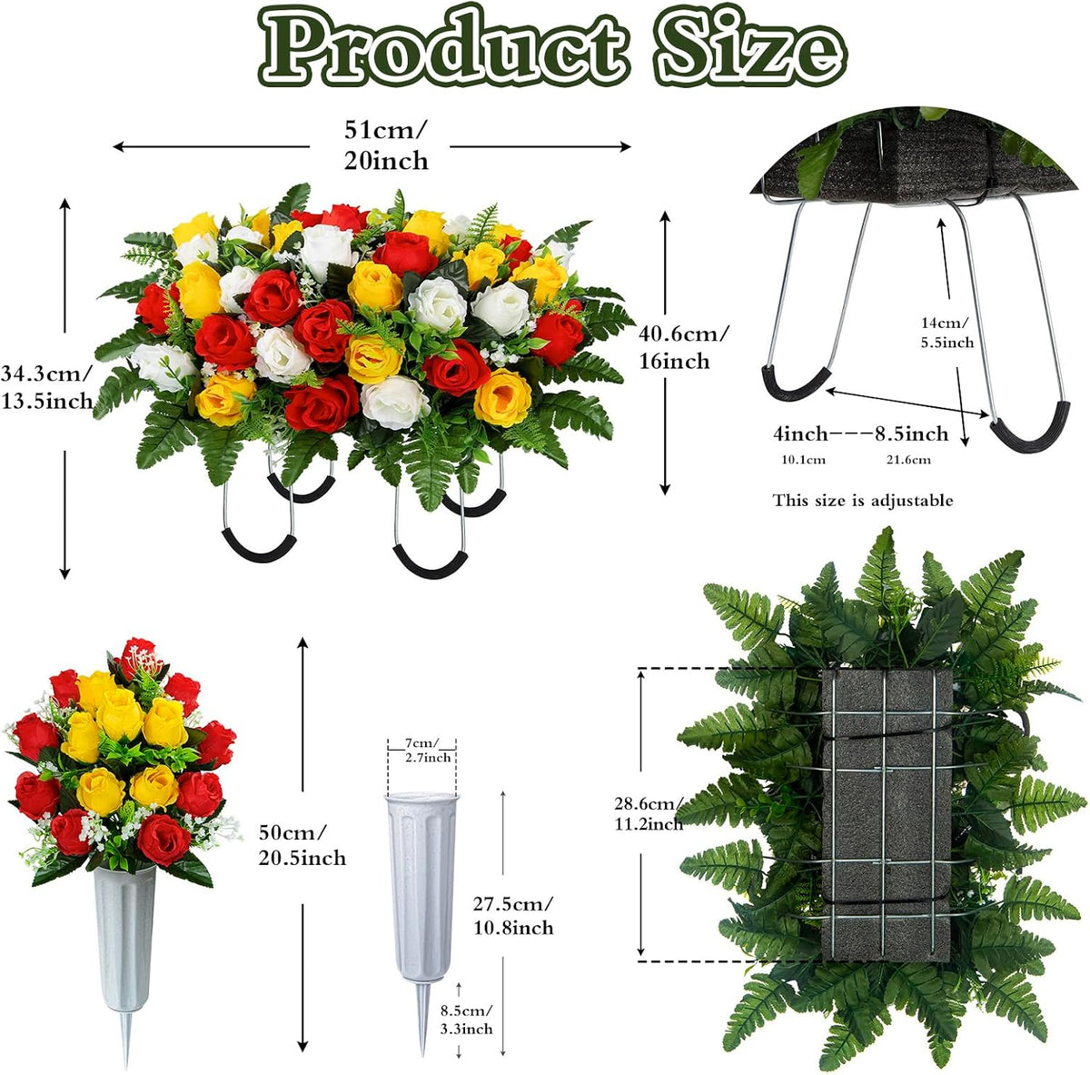Artificial Cemetery Flowers Saddle Grave Memorial Rose Flowers with Vase for Cemetery Headstones Gravesites Decoration (White&Red&Yellow, 1 Saddle & 2Bouquets with Vase)