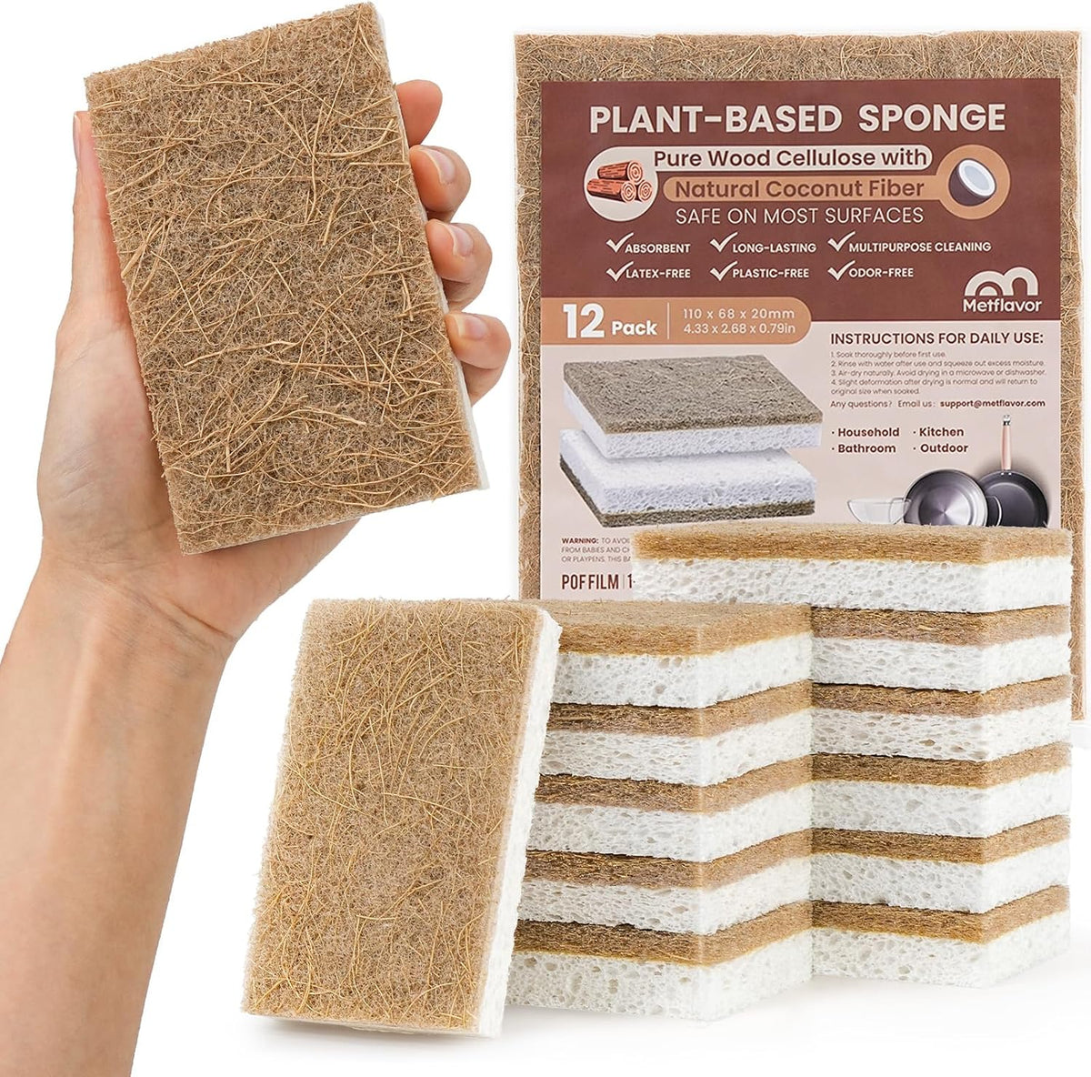 Metflavor Kitchen Sponges, 12 Count, Natural Sponge with Coconut Scrubber