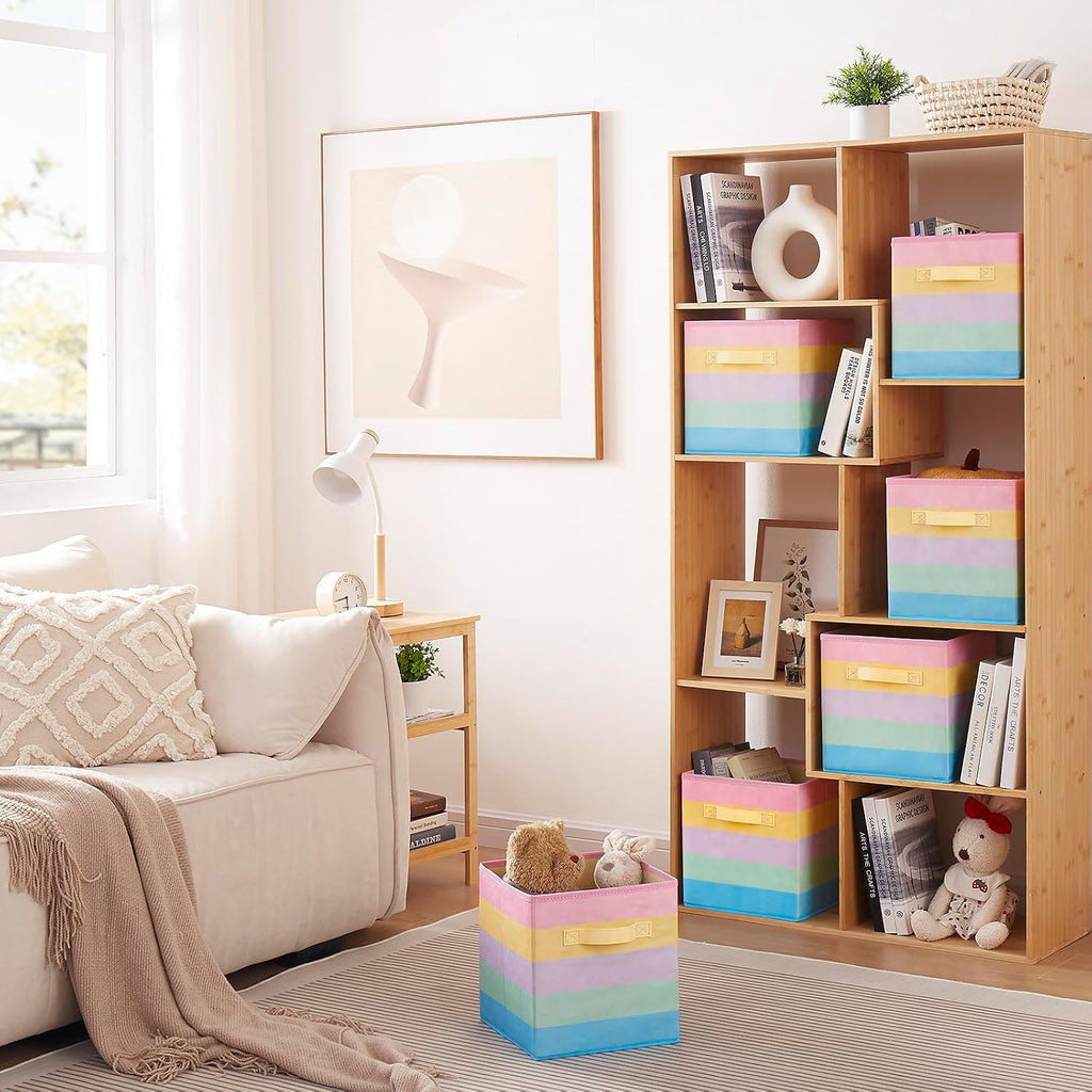 11 Inch Fabric Collapsible Storage Cubes,6 Pack Rainbow Colored Closet Storage Bins with 2 Handles Foldable Cube Baskets for Organizing Clothes, Toys, Books