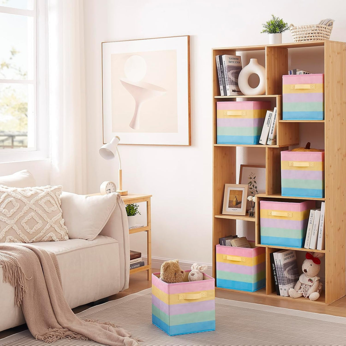 11 Inch Fabric Collapsible Storage Cubes,6 Pack Rainbow Colored Closet Storage Bins with 2 Handles Foldable Cube Baskets for Organizing Clothes, Toys, Books