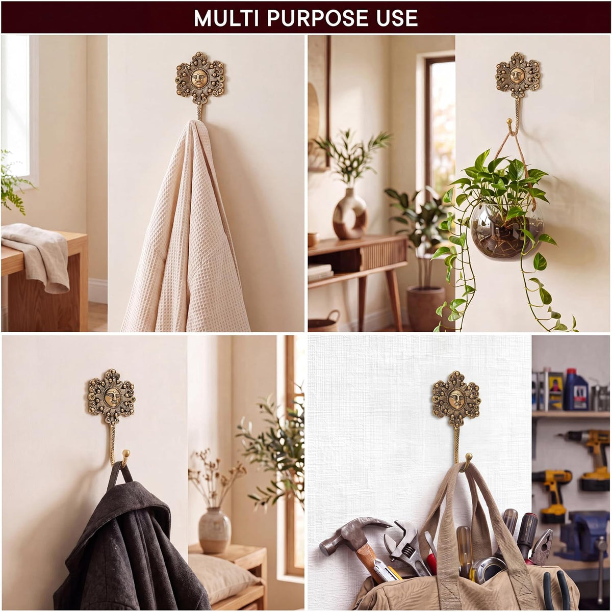 IndianShelf 3 Brass Sunflower Wall Hooks Vintage Gold Coat Key Towel Hanger
