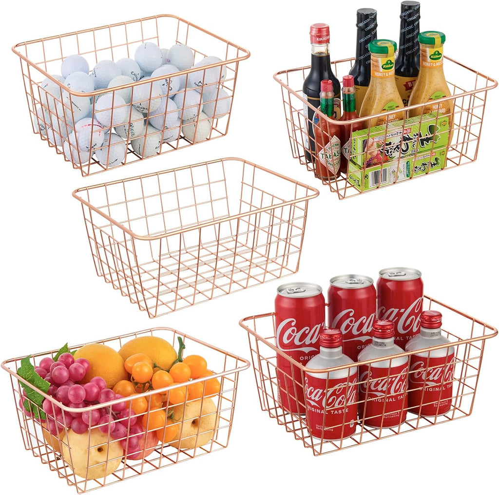 JUNCHU CHERRY Wire Kitchen Storage Basket 5 Packs,Perfect Pantry Organization Accessories Baskets,Laundry Basket,Countertop Organization,Suitable for Kitchen,Bathroom,Bedroom,Tabletop,Rose gold