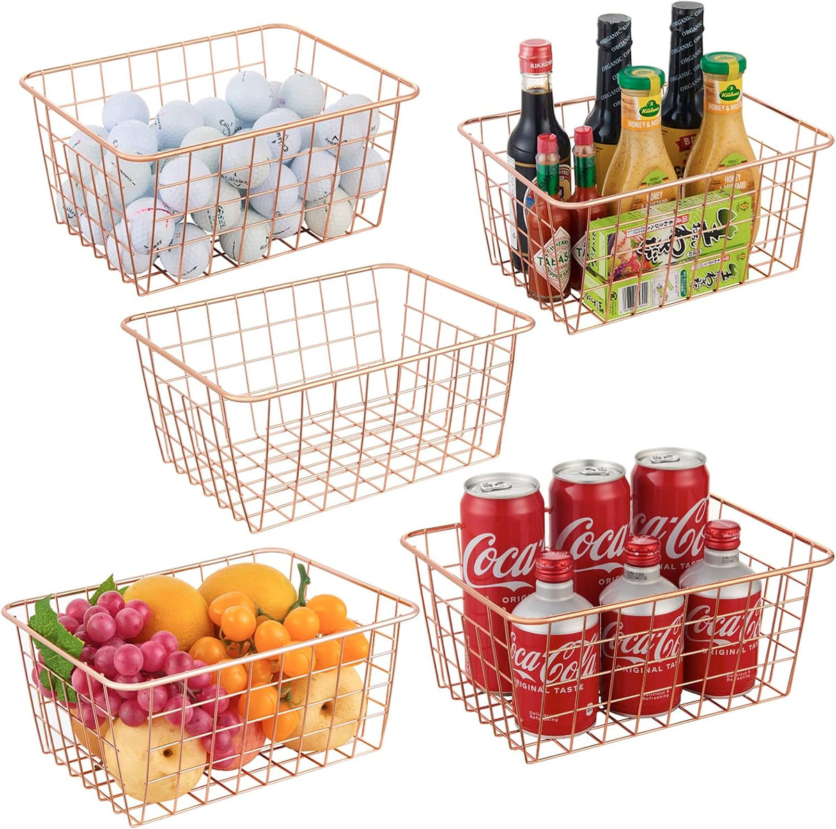JUNCHU CHERRY Wire Kitchen Storage Basket 5 Packs,Perfect Pantry Organization Accessories Baskets,Laundry Basket,Countertop Organization,Suitable for Kitchen,Bathroom,Bedroom,Tabletop,Rose gold