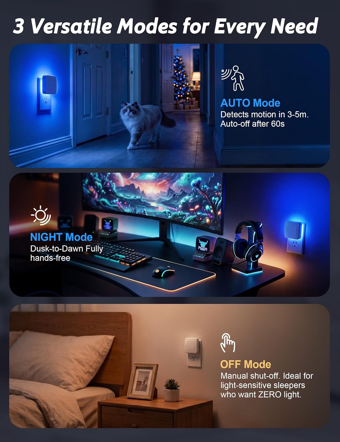 Sujeet Plug-in Motion Sensor Night Light, Blue & 2700K Warm White, 4 Pack