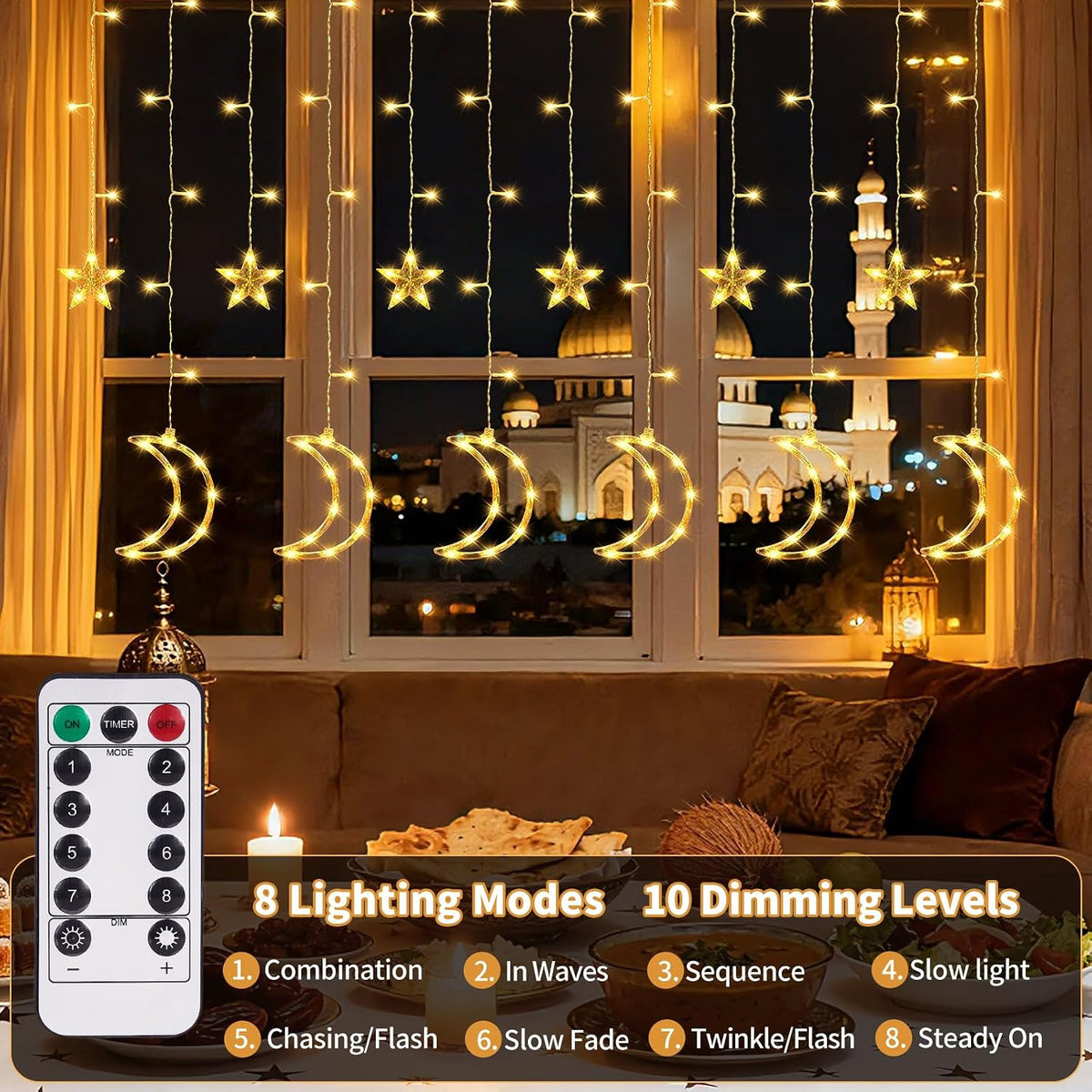 Dazzle Bright Ramadan Curtain String Lights, 138 LED Warm White Star Moon Fairy Lights 8 Lighting Modes with Remote and 12 Hooks for Bedroom Wall, Outdoor Party, Ramadan Decorations