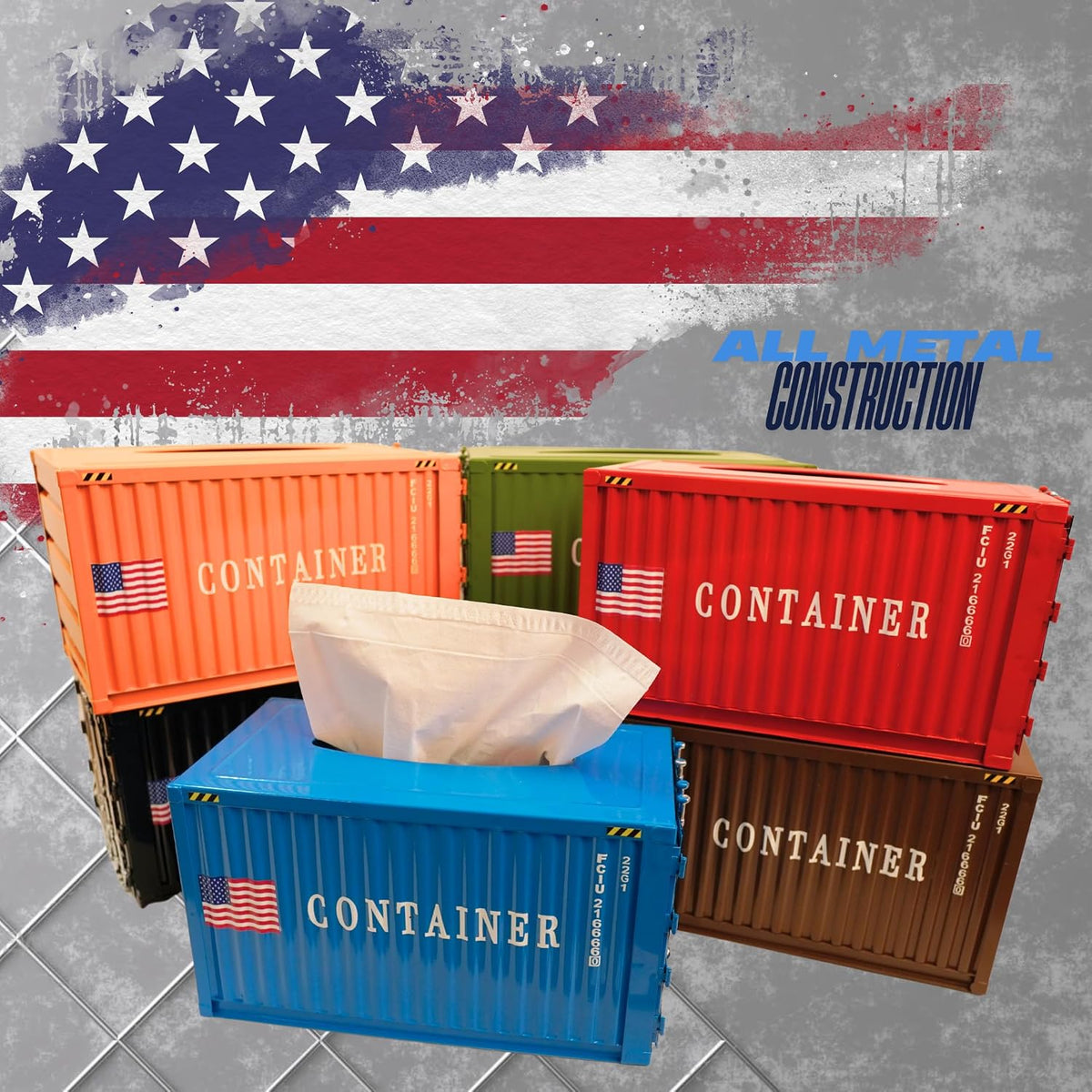 Shipping Container Tissue Box Cover – Sturdy All-Metal Construction, Fits XL US Tissue Boxes – Industrial Decor for Homes, Offices, Restaurants & Man Caves (Cement Grey)