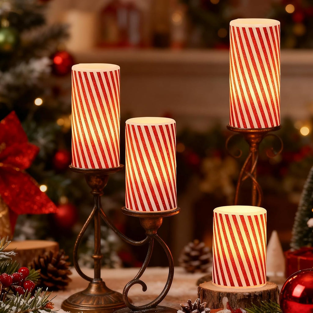 Candy Cane Christmas Flameless Candles Battery Operated with Timer