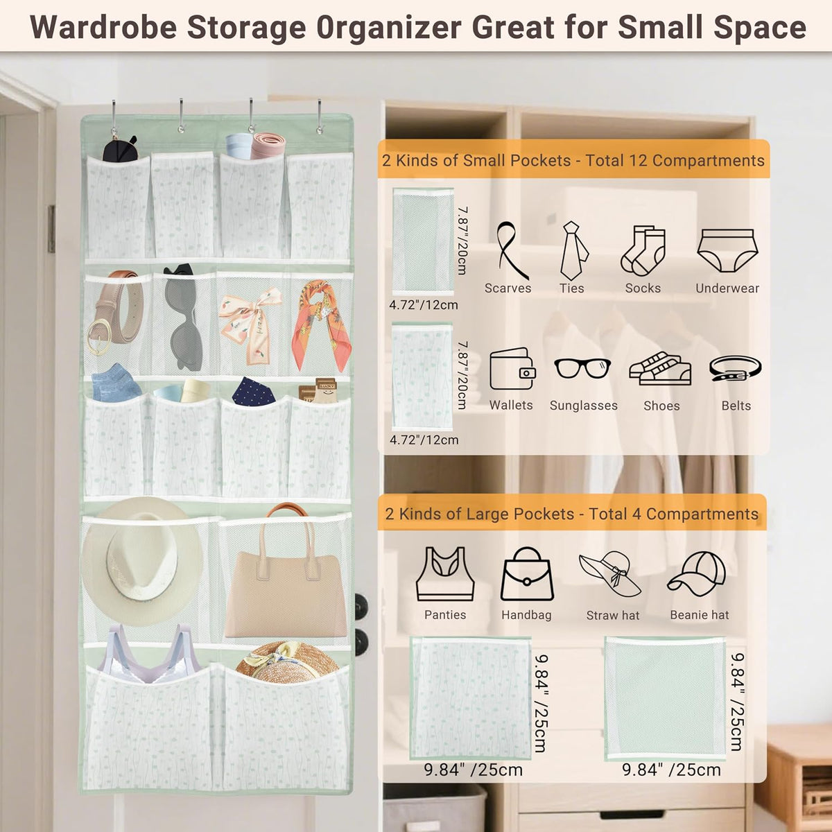 16 Pockets- Over Door Hanging Storage Organizer with 4 Kinds Pouch,Behind Closet Hanging Shelf Holder for Sock,Hat,Underwear,Travel Outfit,Shoes,Back of Door Space-saving Organization for Home,Dorm,RV
