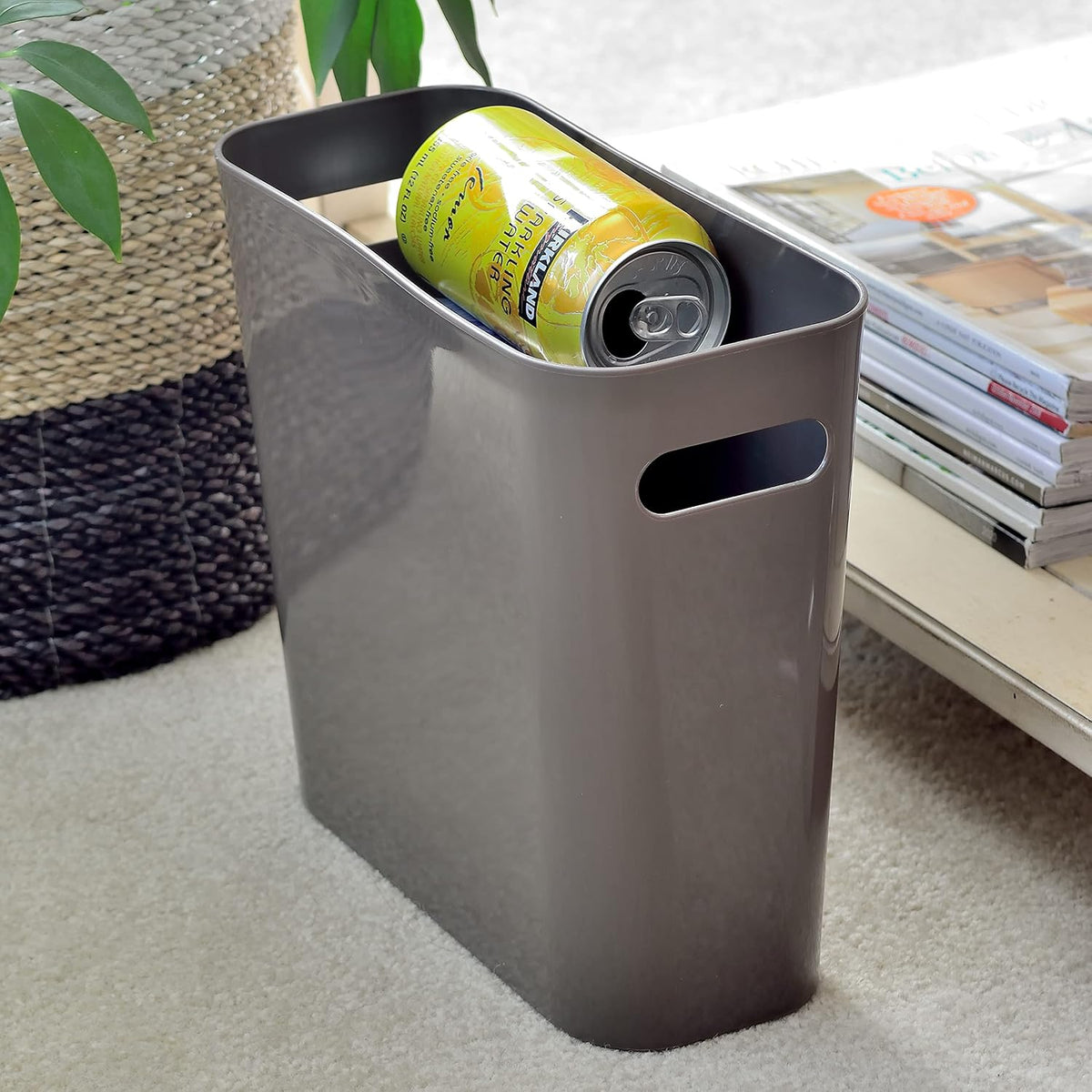 Youngever 1.5 Gallon Slim Trash Can, Plastic Garbage Container Bin, Small Trash Bin with Handles for Home Office, Living Room, Study Room, Kitchen, Bathroom (1 Pack Brown)