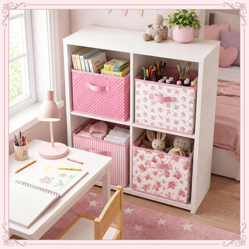 Marsui 4 Pcs Pink Flower Cube Storage Bins with Handle 11 Inch, Academic