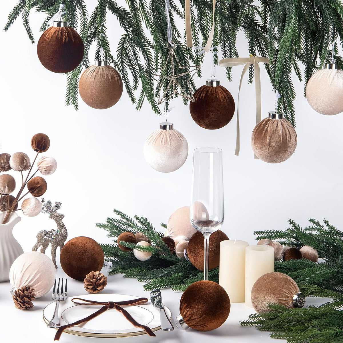 Ouddy Decor 33 Pcs Velvet Neutral Christmas Ornaments Set, Brown & Beige