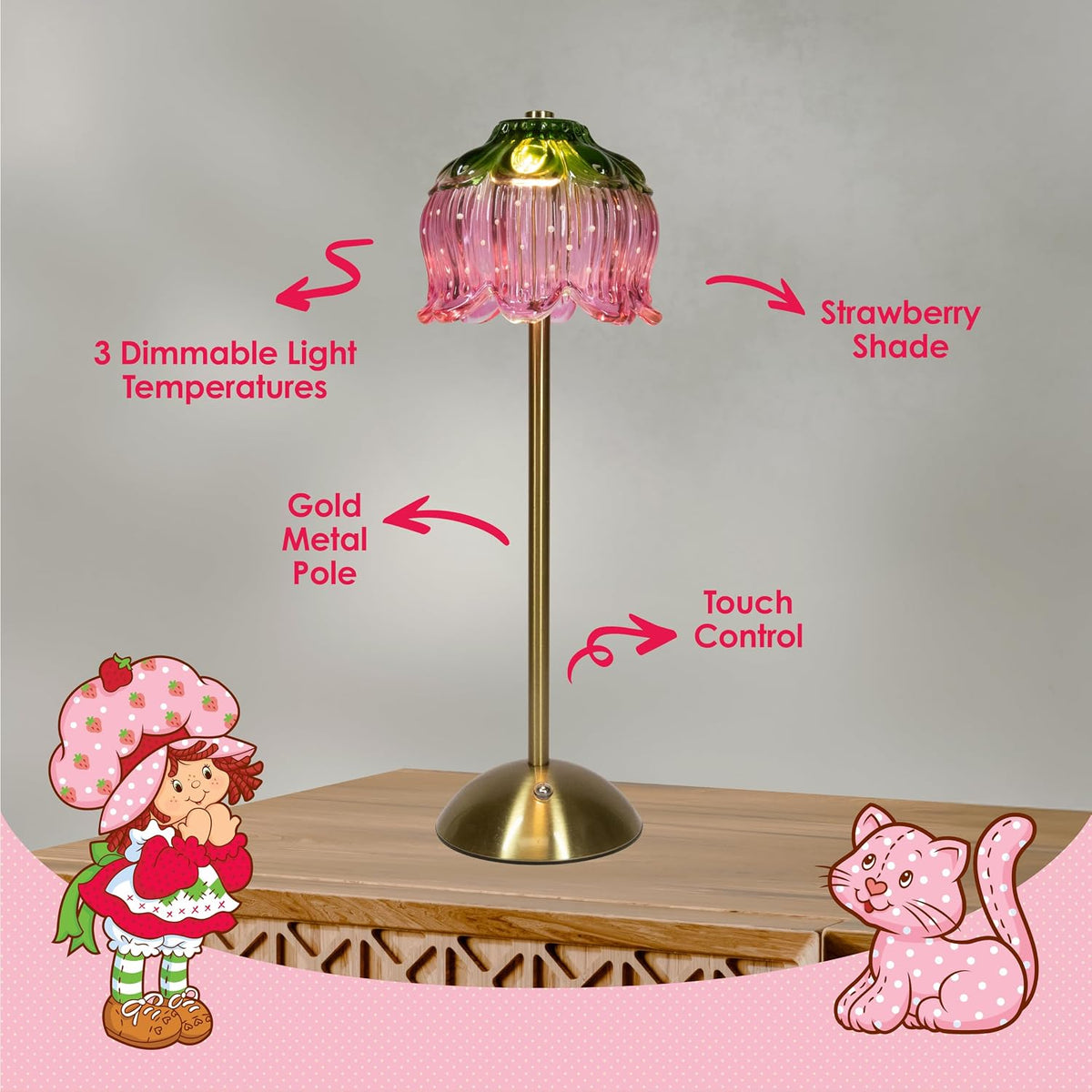 Strawberry Shortcake Touch Lamp- Pink Glass Strawberry Shade, USB-C Rechargeable, 3 Dimmable Light Temperatures, LED Desk Lamp, Brush Brass Base & Pole, Cute Décor for Girls' Bedroom (Pink)