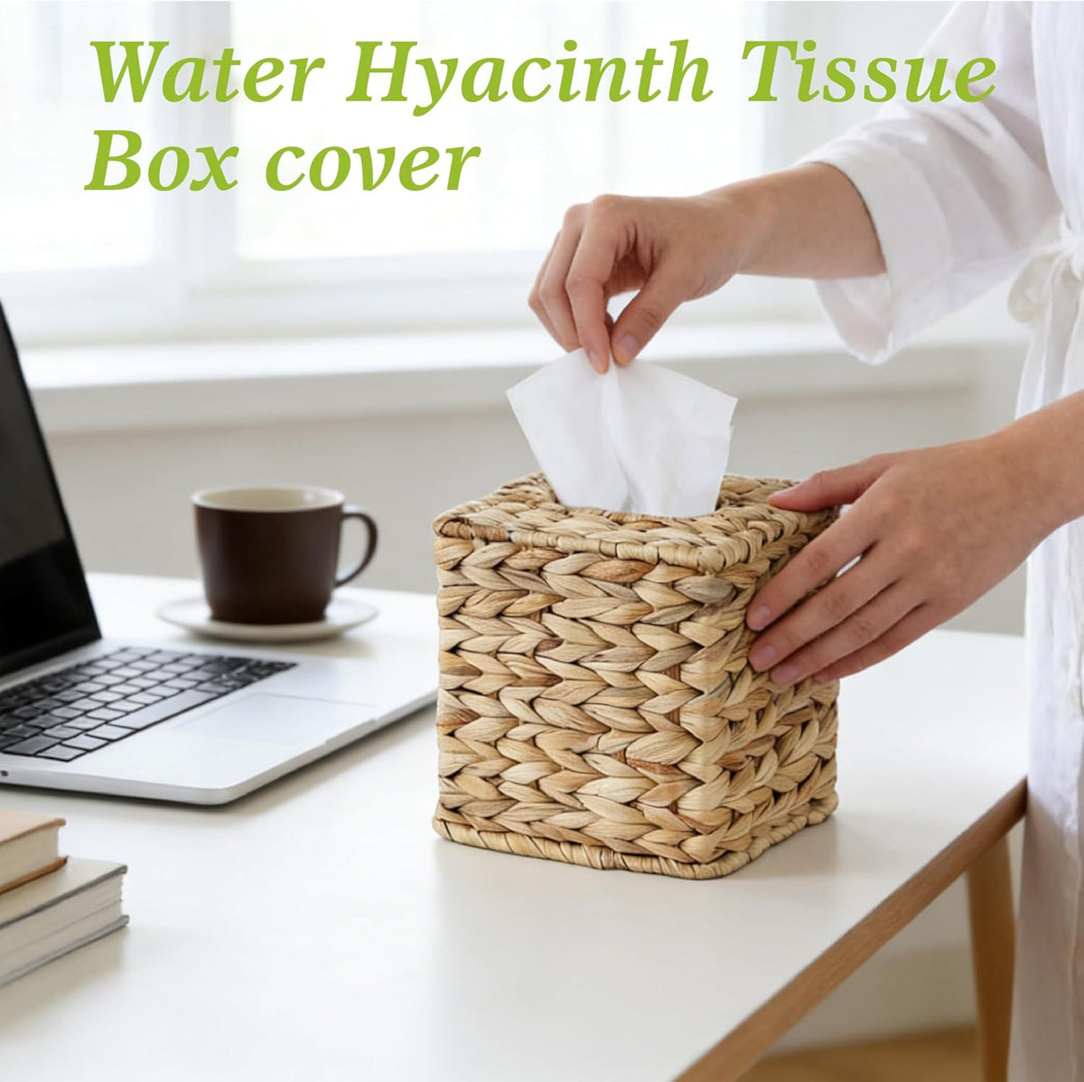Water Hyacinth Handwoven Tissue Box Cover, Square Decorative Tissue Holder, Natural Handmade Wicker Napkin Box Holder for Bathroom, Living Room, Bedroom, Boho Farmhouse Home Decor