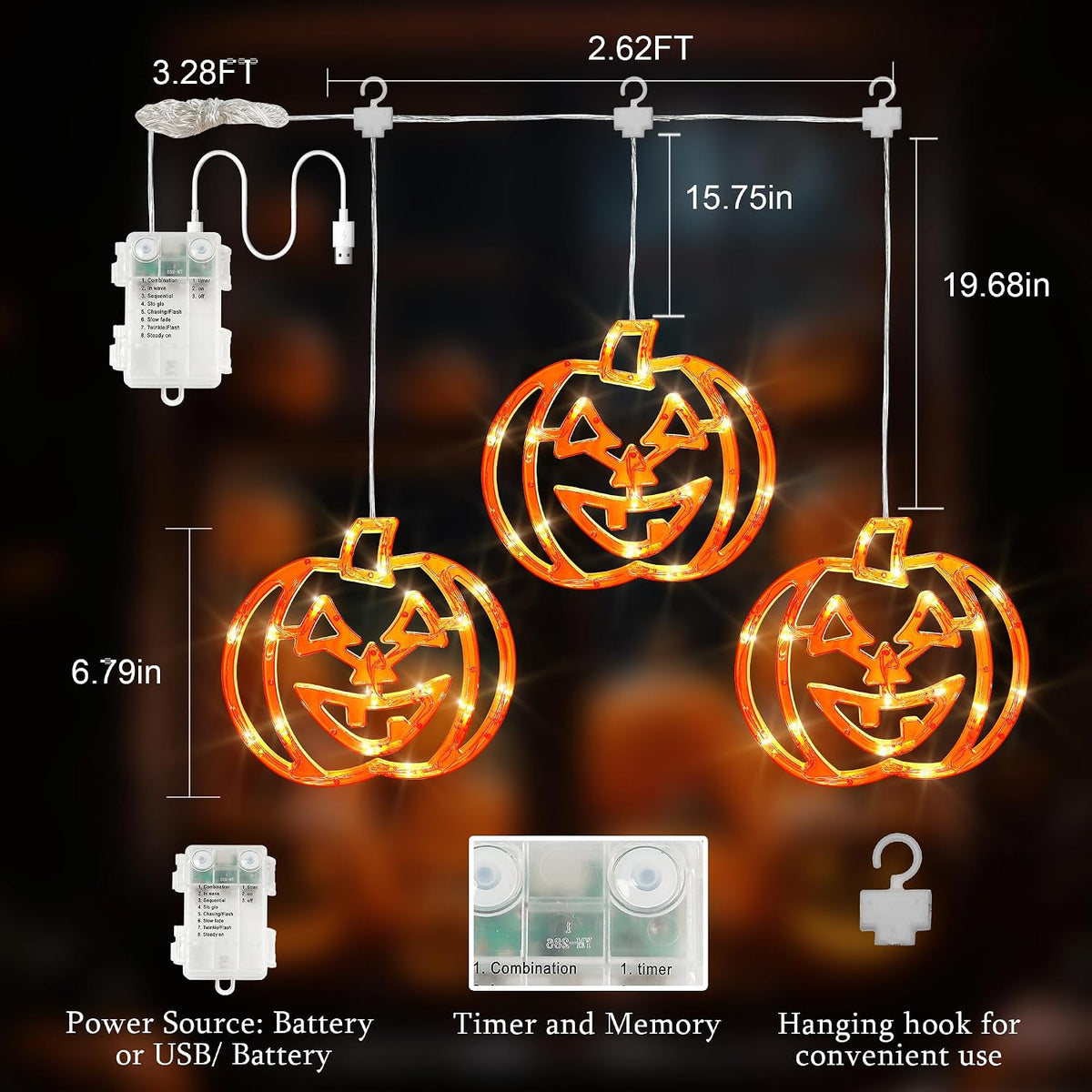 Halloween Window Lights,3 Pack 48LED Pumpkin Lights,Dual Power