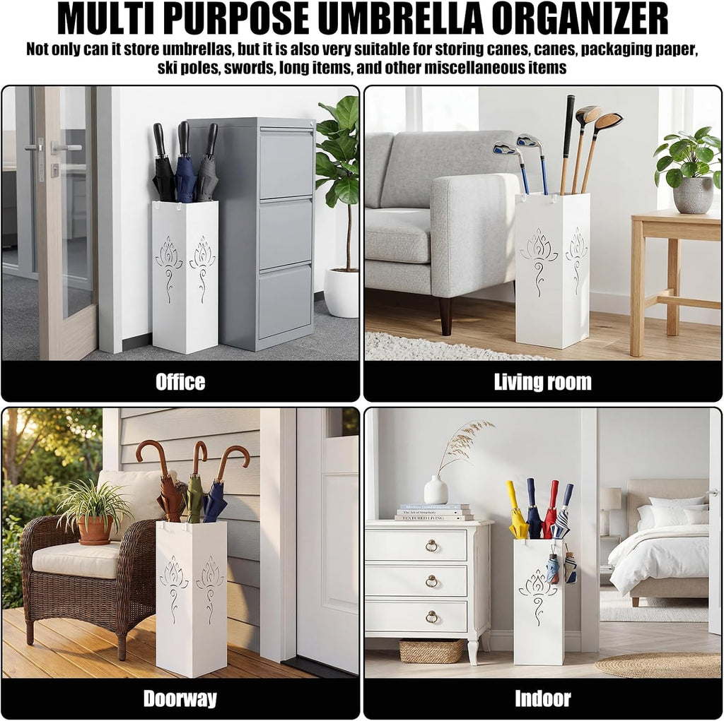 Square Metal Umbrella Holder, Square Free Standing Umbrella Rack Decorative Umbrella Holder Hollow Cutout Pattern Design for Umbrella Cane Entryway Home Office 19.49" X 6.1" X 6.1" (White hollowed out