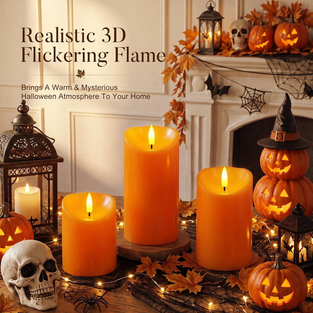 Raycare Real Wax Fall Flameless LED Pillar Candles with Timer Remote,Orange