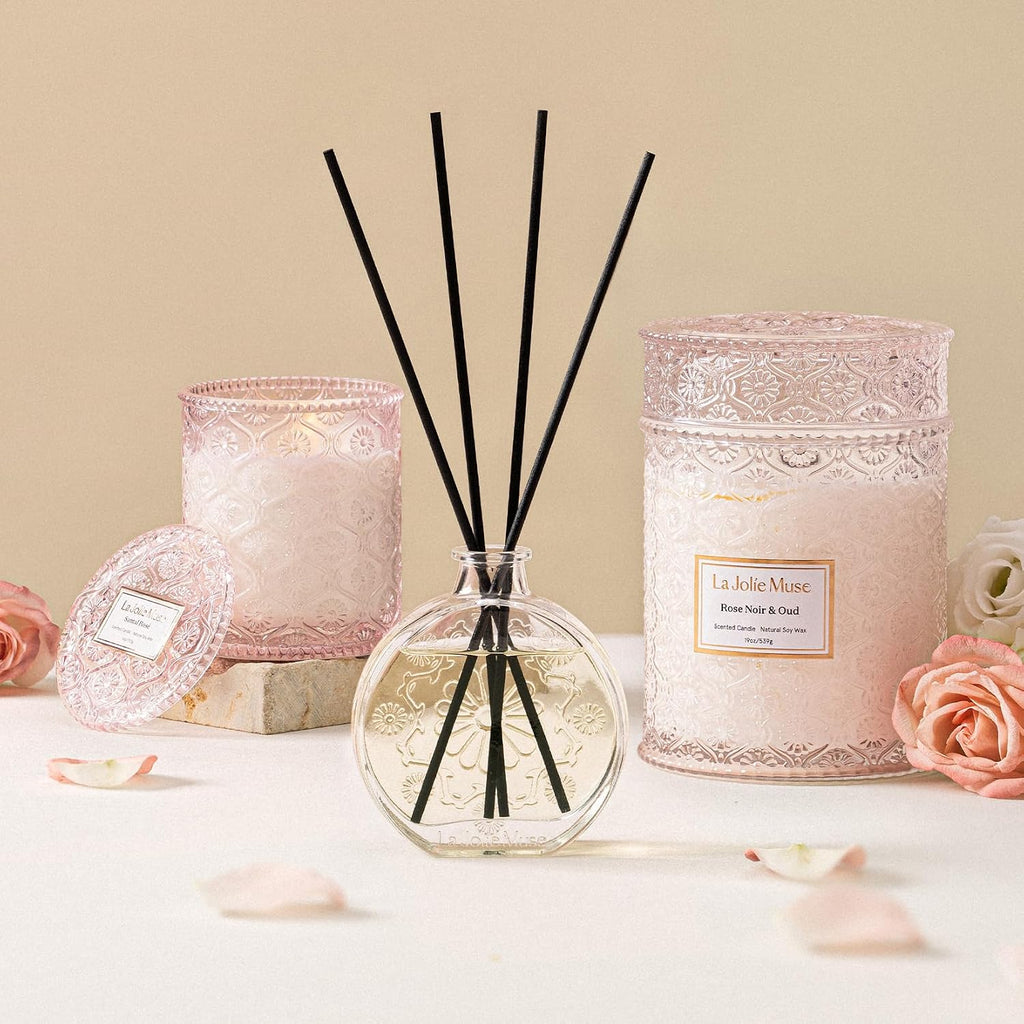 LA JOLIE MUSE Santal Rosé Reed Diffuser, Scented Room Diffuser Set for Home