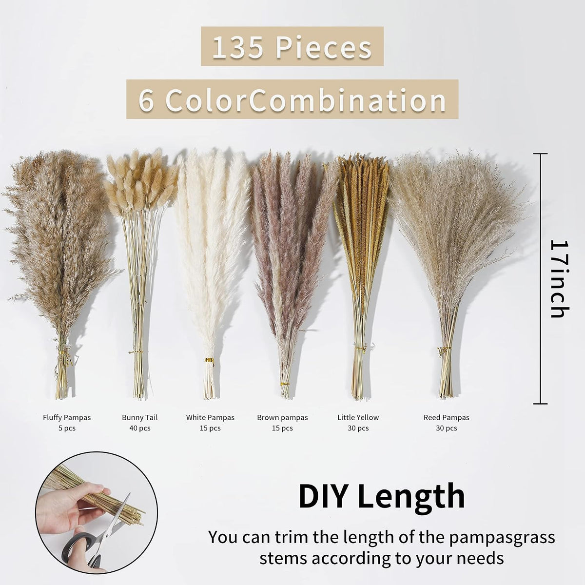 Wertuirk 135Pcs Dried Pampas Grass Boho Home Decor
