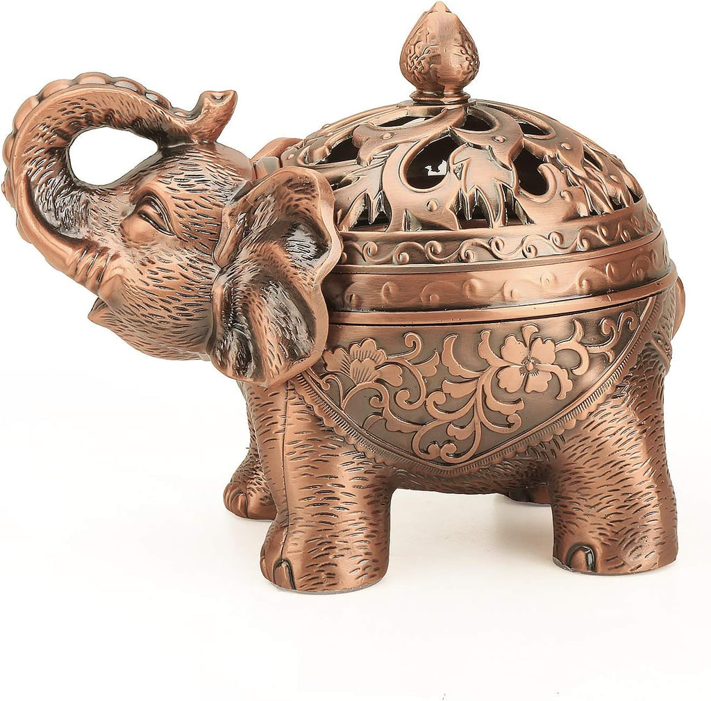 K COOL Alloy Incense Holder Stand Elephant Cone Coil Incense Burner Ash Catcher with Lid, Aromatherapy Ornament Home Decoration for Indoor Outdoor (Red Copper)