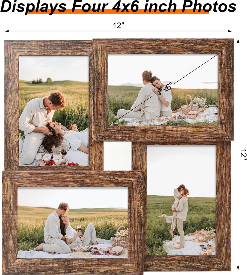 YESKAY 4x6 Collage Picture Frames, Multi Family Photo Frame with Real Glass, Displays Four 4x6 Photo, Wall Decor Wall Hanging or Tabletop, Rustic Brown