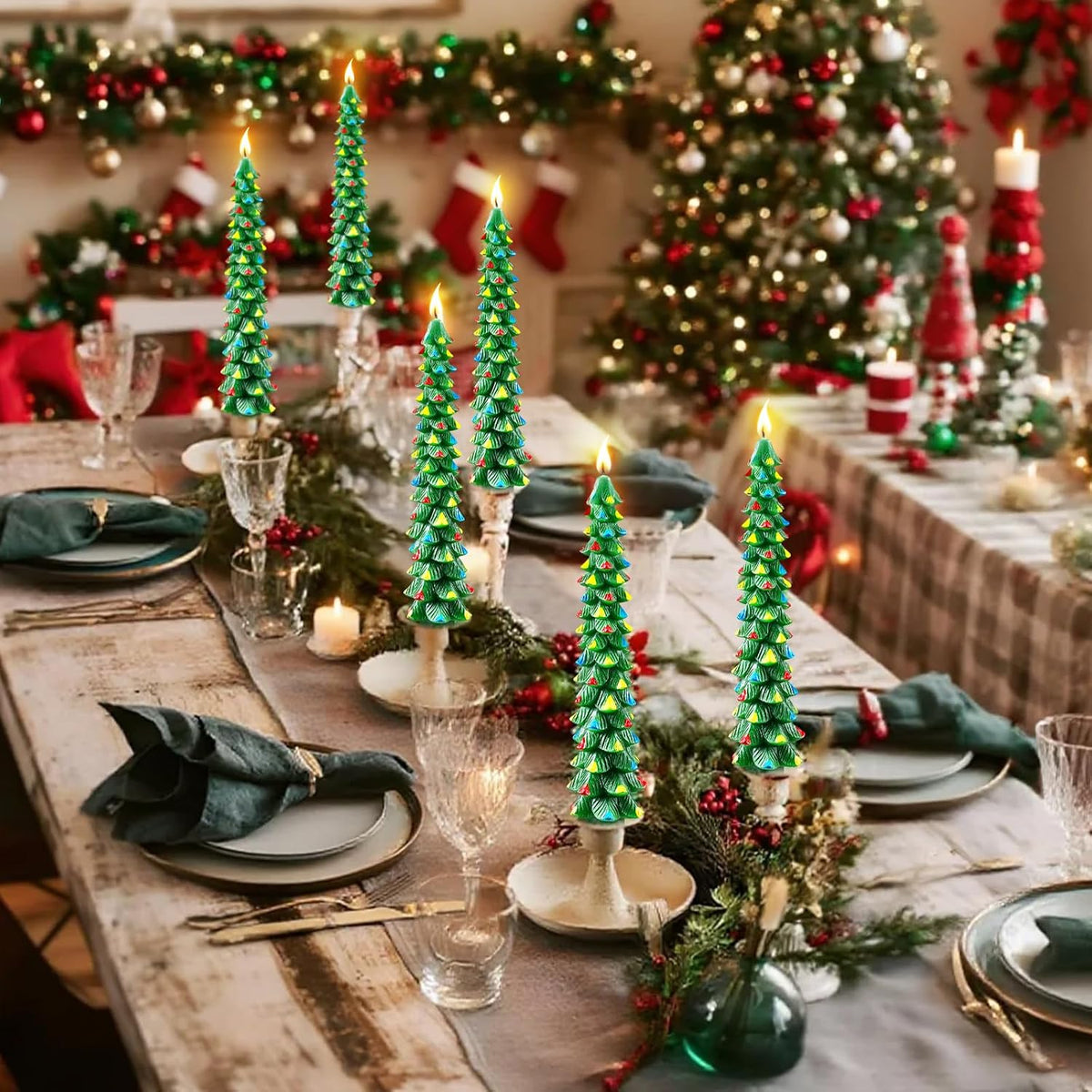 2 Pcs 10 Inch Christmas Tree Candles, Premium Natural Unscented Beeswax Christmas Tree Shaped Taper Candles with Cotton Wick, for Xmas Holiday Decor Party Banquet(Green with Multicolor Trim)