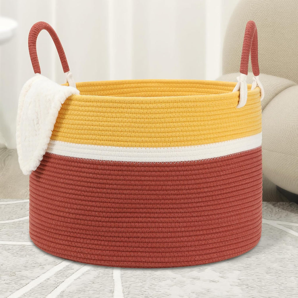Large Blanket Basket (20"x13"),Woven Basket for Storage Dirty Clothes for Laundry, Living Room, Nursery, Bedroom Rope Storage Basket for Blankets（Yellow/Brown）