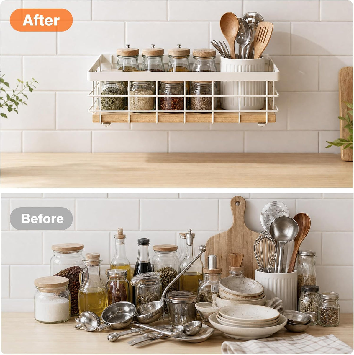 TJ.MOREE Small Metal Wire Basket, Decorative Wood Base Organizer for Bathroom, Kitchen, Basket for Toilet Paper Storage, Sugar Packet, Coffee Syrup, Guest Towel Napkin, White