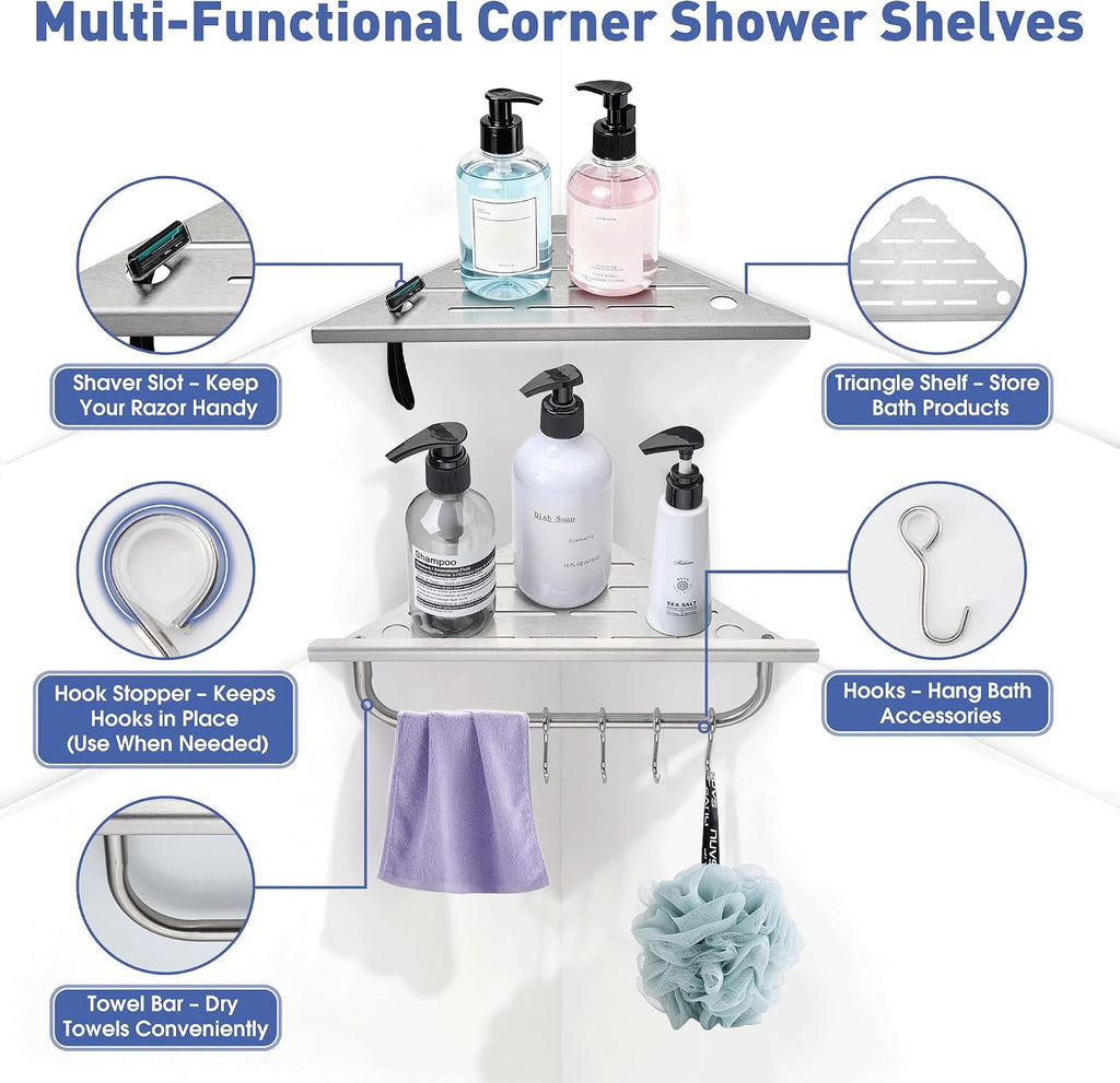 Shower Corner Shelf, 10'' Corner Shower Shelf with Towel Bar & Hooks, 2-Pack 304 Stainless Steel Recessed Bathroom Shelves, Grout in Bathroom Shower Shelf for Tiled Wall,(Brushed Nickel)