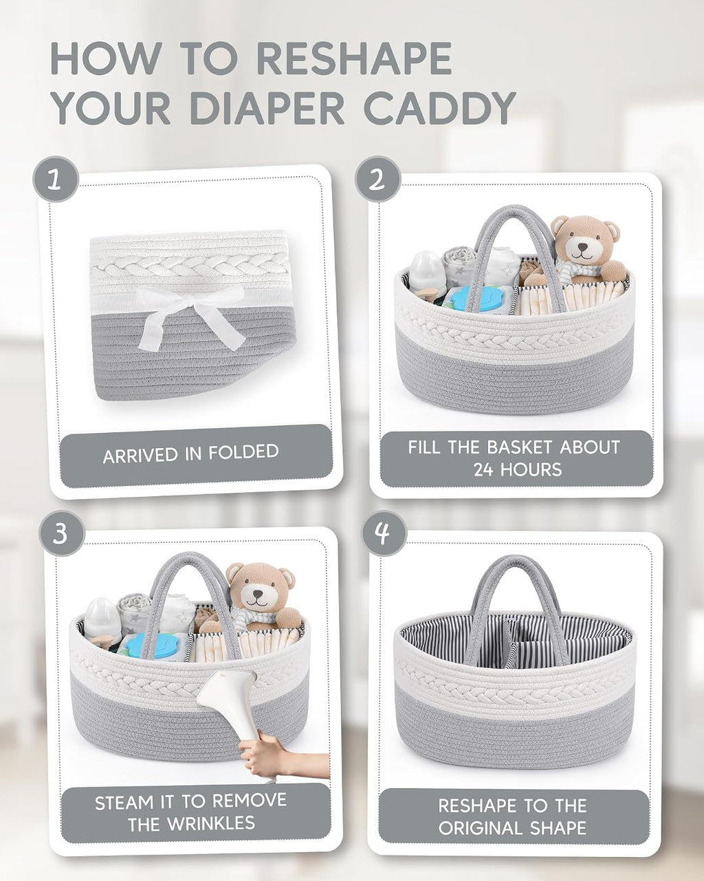 Maliton Diaper Caddy Organizer for Baby Boy- Cotton Rope for Changing Table, Nursery Storage, Newborn Baby Must Have Items