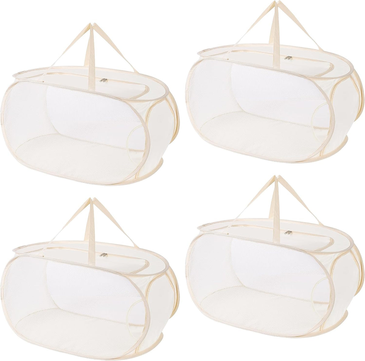 4Pcs Beige Canvas Laundry Hamper, Foldable Pop-up Mesh Basket, Large Capacity, Opening Design, Side Storage Bag, Versatile Use-Home, Camping, Dorm, Hotel, Travel