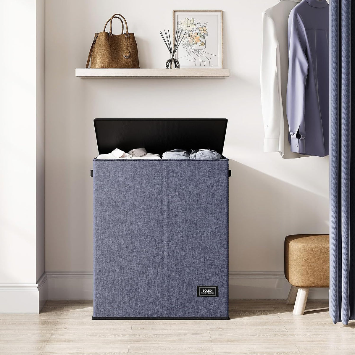 SOLEDI Large Double Laundry Hamper with Lid, Collapsible Clothes Hamper 2 section with Removable Bags, Space-Saving Laundry Basket for Bedroom, Dorm, College
