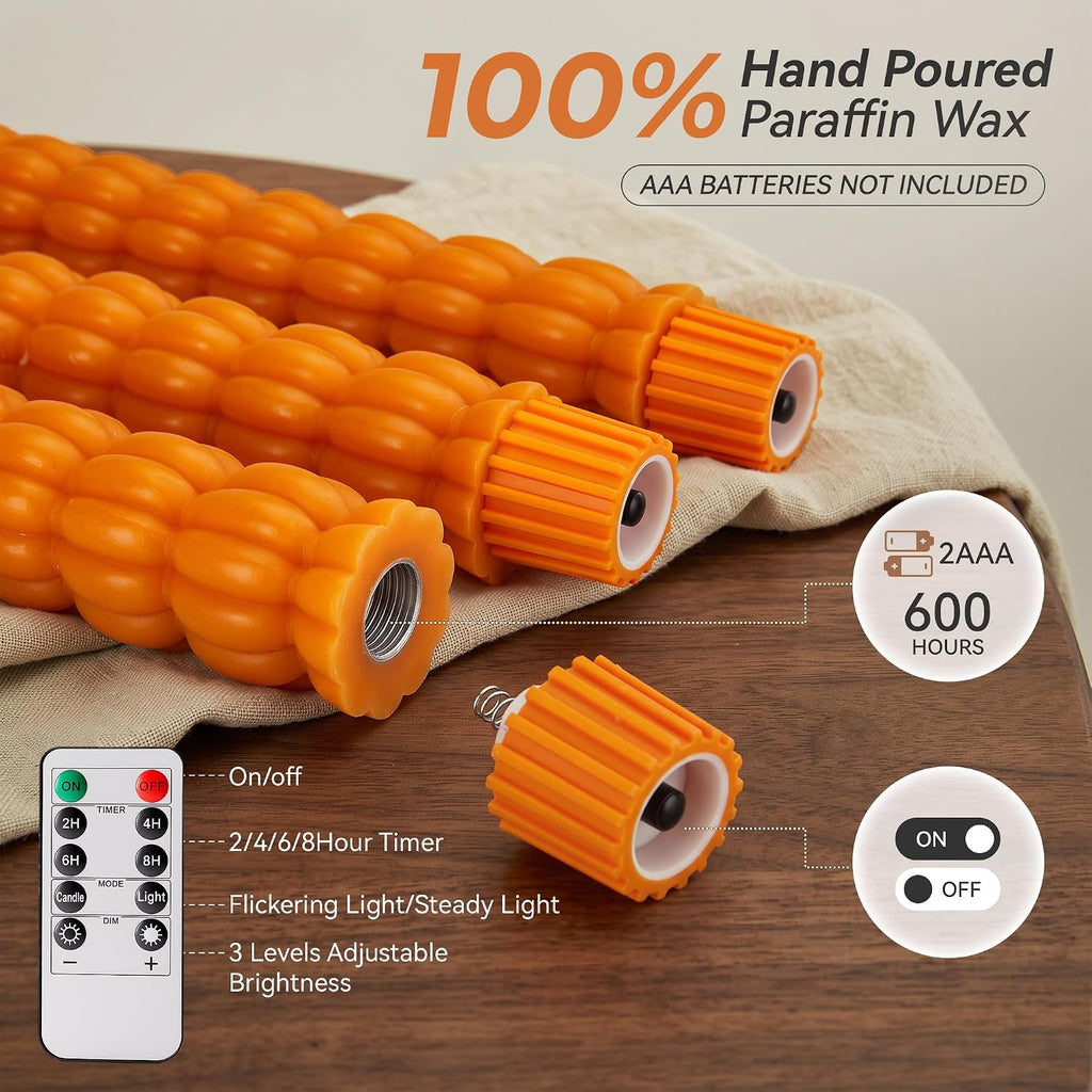 Pumpkin Taper Candles, Fall Flameless Candles, Halloween, Orange, Set of 3