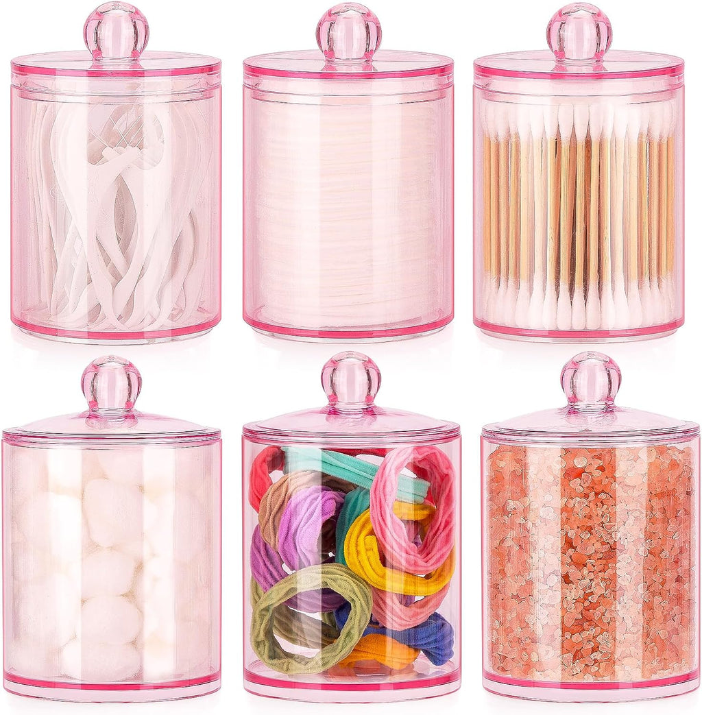 Tbestmax 6 Pack Qtip Holder - 12 oz, 10 oz Bathroom Organizer and Storage Containers, Plastic Apothecary Jars with Lids for Cotton Ball, Cotton Swab, Floss, Pink