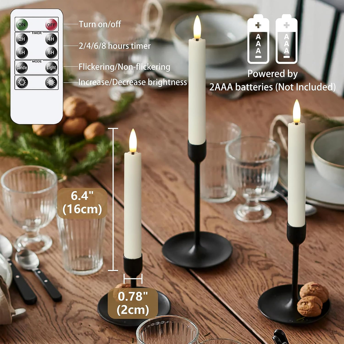 Yeelida Battery Operated Flameless Taper Candles with Two Remote Timer, 6.4" LED 3D-Wick Window Candles, Flickering Long-Lasting Warm Light Electric Pack of 8 Flameless Candlesticks (0.78" Dia, Ivory)