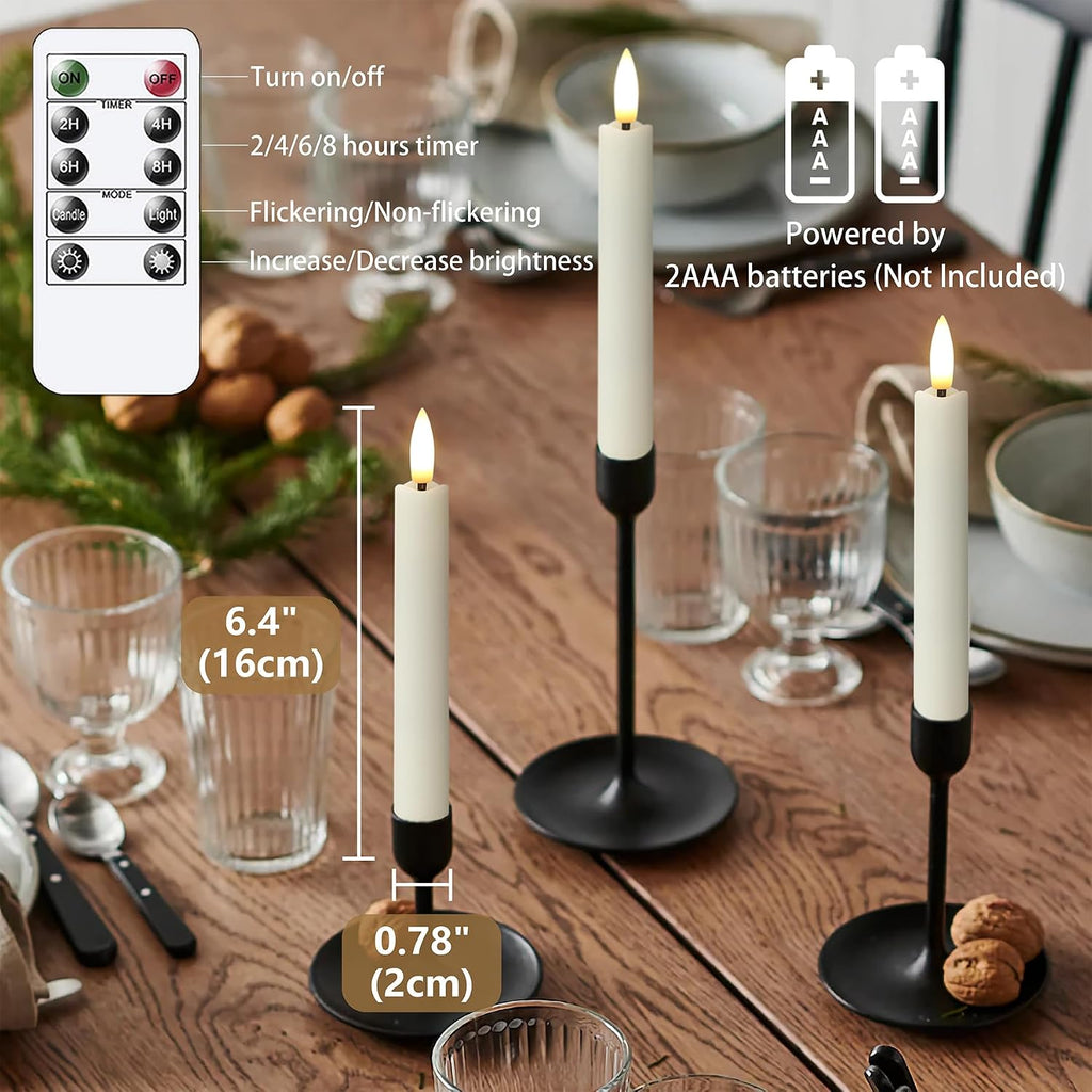 Yeelida Battery Operated Flameless Taper Candles with Two Remote Timer, 6.4" LED 3D-Wick Window Candles, Flickering Long-Lasting Warm Light Electric Pack of 6 Flameless Candlesticks (0.78" Dia,Ivory)