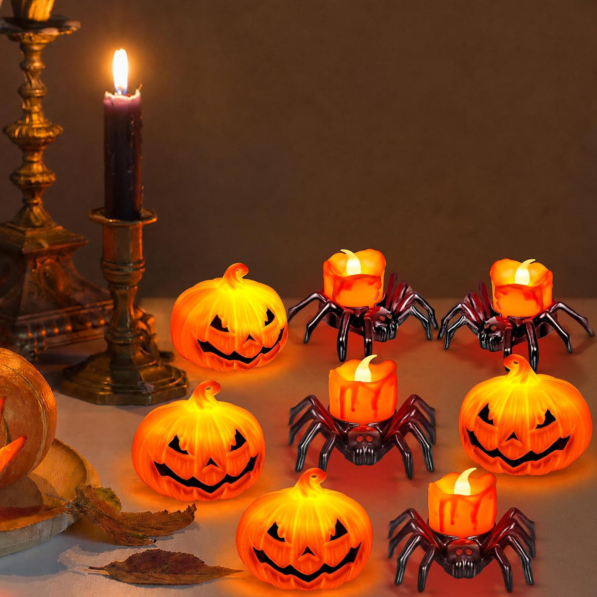 8 PCS Halloween Spider Pumpkin Candles, Battery Operated Halloween Tea Lights Flameless LED Candles, Halloween Pumpkin Tealights Spooky Electric Flickering Candles for Home Party Decorations