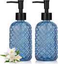 2 Pack Gem Glass Soap Dispenser with Black Plastic Pump, 13oz Liquid Hand Soap Dispenser, Rustproof Pump for Kitchen & Bathroom, Great for Lotions, Essential Oil, Liquid Soaps-Blue