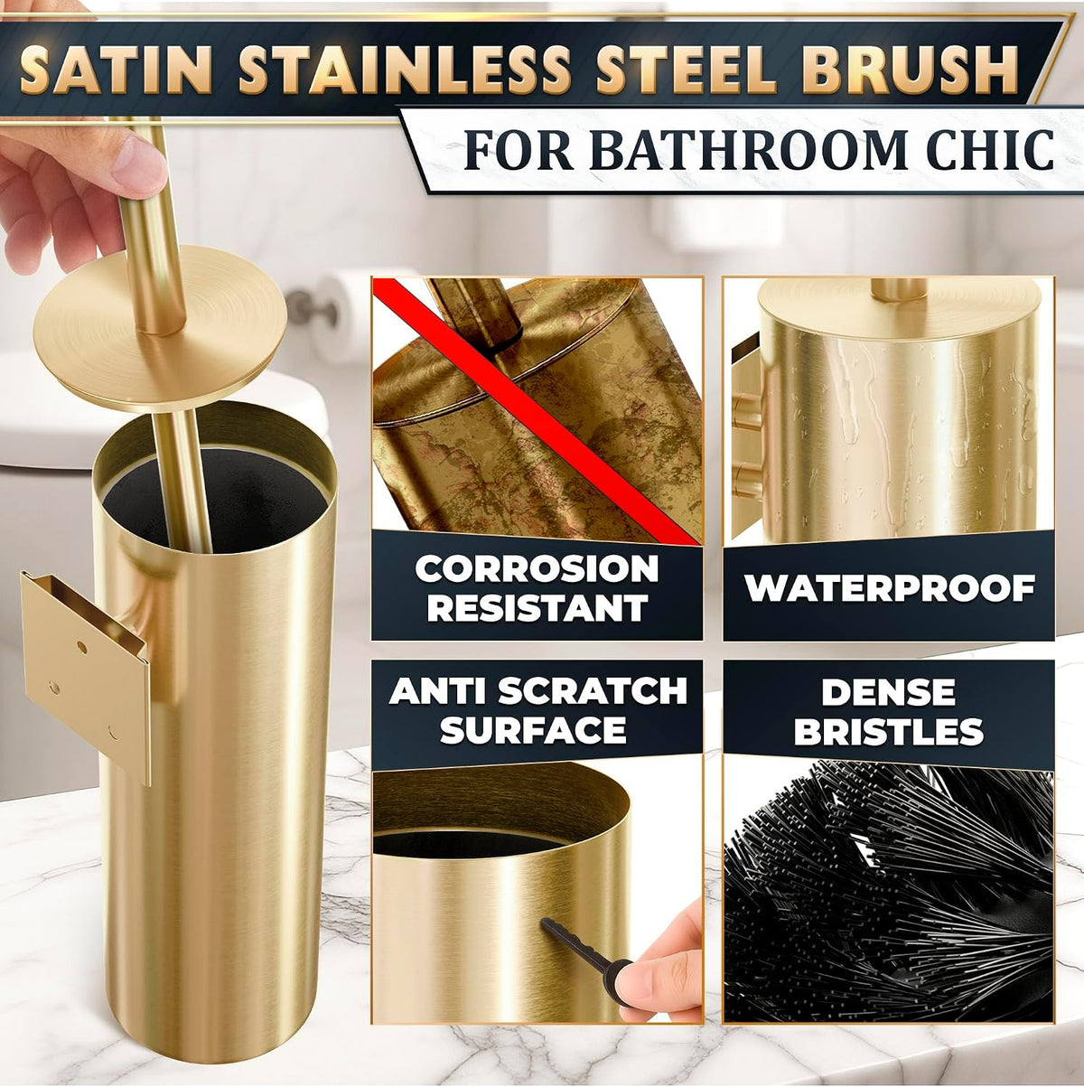 Brushed Gold Toilet Brush and Holder Set, Wall Mounted Toilet Brush Holder
