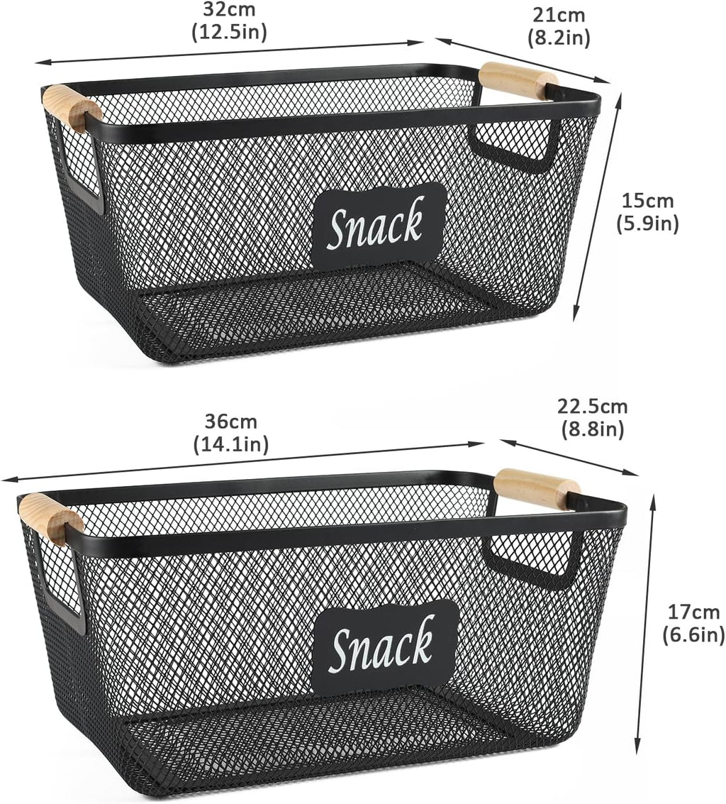 Snack Organizer for Pantry Shelf, 2 Pack Metal Mesh Snack Baskets with Wooden Handles, Snack Bin for Snack Bar Station, Kitchen Cabinet Pantry Organizers and Storage