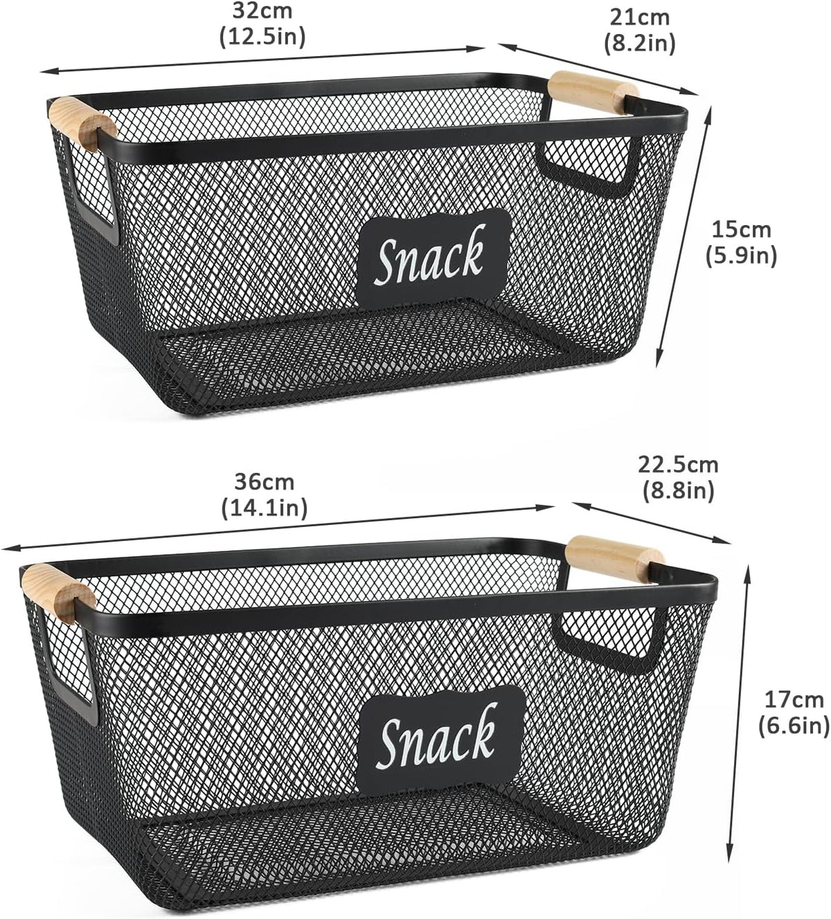 Snack Organizer for Pantry Shelf, 2 Pack Metal Mesh Snack Baskets with Wooden Handles, Snack Bin for Snack Bar Station, Kitchen Cabinet Pantry Organizers and Storage