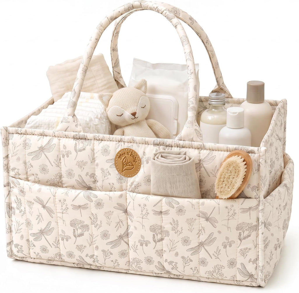 Floral Diaper Caddy Organizer - Portable Diaper Caddy with Handles & Removable Dividers - Large & Quilted Nursery Storage Basket for Girls - Woodland Nursery Decor & Wildflower Gift for Baby Shower
