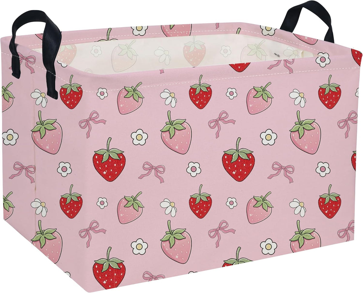 Rectangle Strawberry Baskets Pink Basket Cute Storage Bin for Room Decor Gift Basket(Bow strawberry)