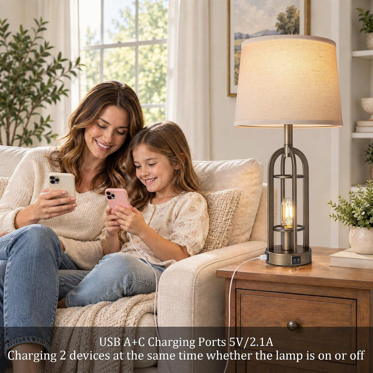 SRJJA 24" Farmhouse Table Lamps for Living Room Bedroom Set of 2, USB A+C