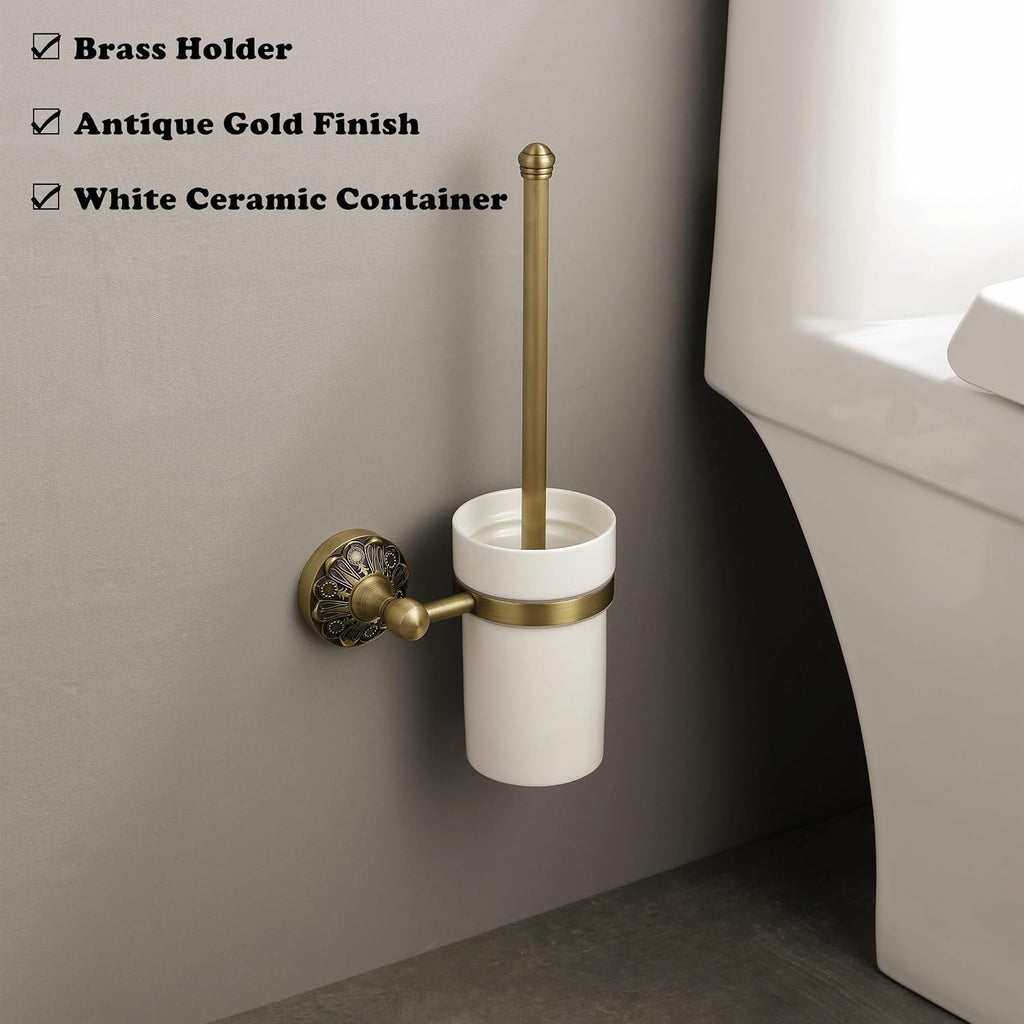Antique Brass Toilet Brush and Holder, Bathroom Wall Mounted Toilet Bowl Brush with Canister, Vintage Gold Decorative Bathroom Accessories, Ceramic and Brass, Petal-Relief Series
