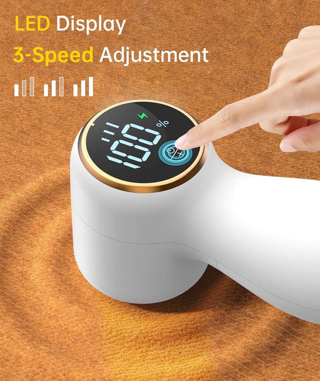 Rechargeable Fabric Shaver Lint Remover, Sweater Shaver with 3-Speed Control, LED Display Clothes Shaver, 6-Leaf Stainless Steel Blades, Suitable for Clothes, Sweater, Couch, Blanket, Wool (White)