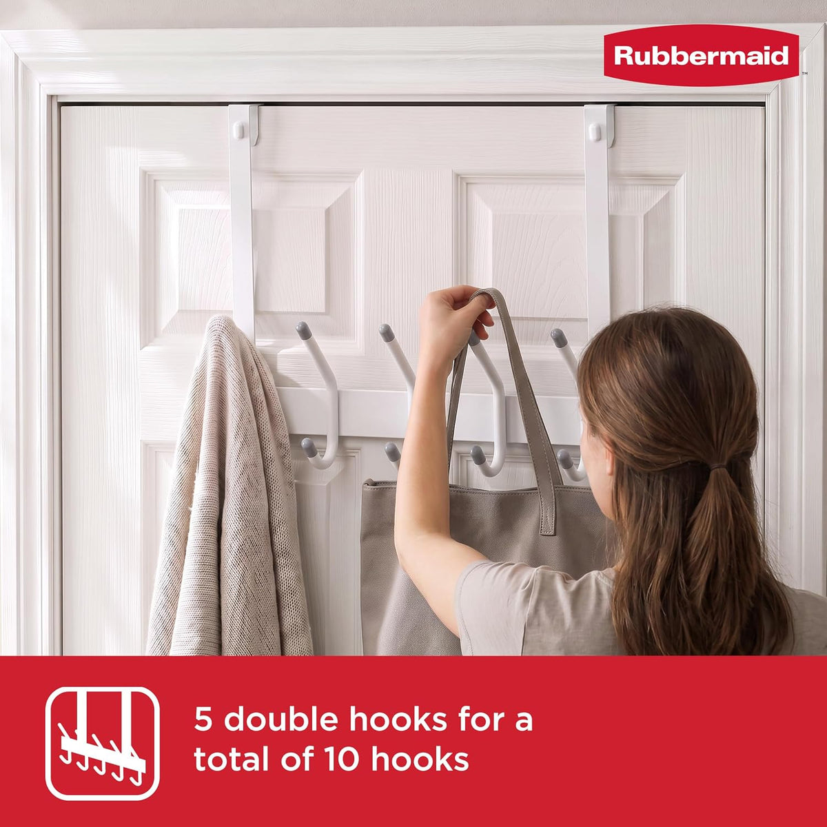 Rubbermaid Over the Door Hook Rack with 5 Double Hooks, No Drill Needed, for Towels, Robes, Hanging Accessories in Bathroom, Bedroom, Closet, Dorm, White